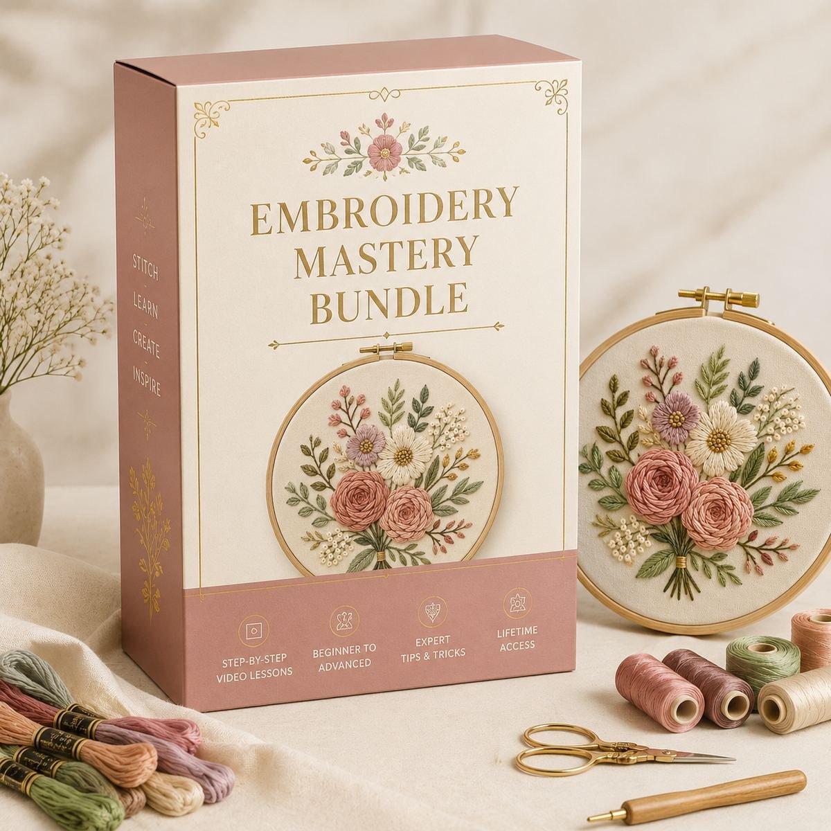 Embroidery Mastery Bundle product box with embroidery supplies